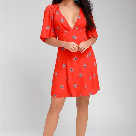 Free People Dresses & Skirts - The Free People Mockingbird Coral Red Floral Print Backless Mini Dress 10